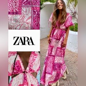 ZARA Pink Paisley Patchwork Cotton Cut out Maxi Dress Small
